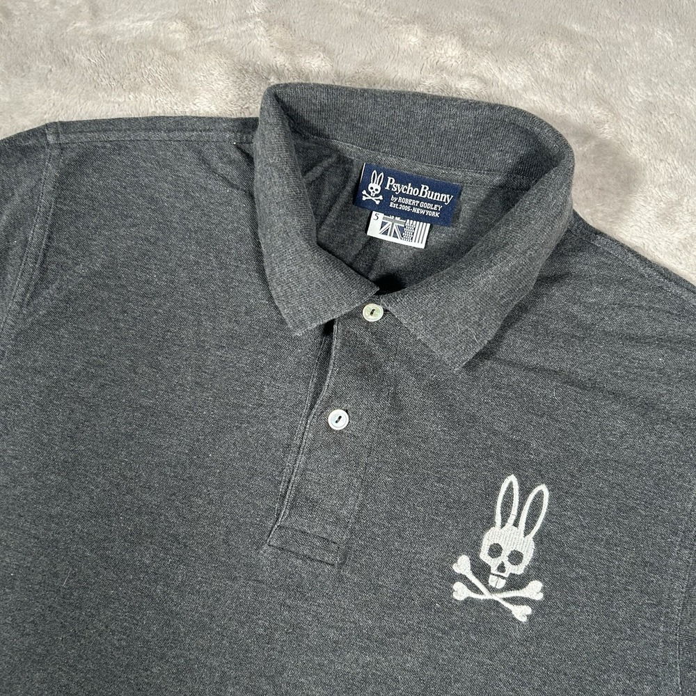 Psycho Bunny Polo Shirt Mens Medium 5 Gray Pima Cotton Big Skull Logo Tipped EUC